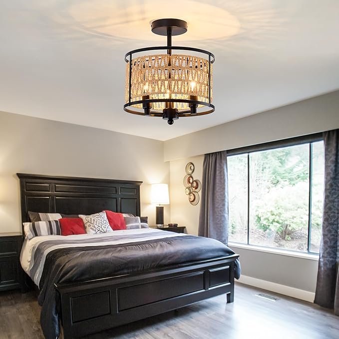 3 Light Rattan Ceiling Light Fixture 11inch Boho Semi Flush Mount Ceiling Light Black Hand-Woven Cage Wicker Chandelier for Farmhouse Bedroom Hallway Entryway Kitchen