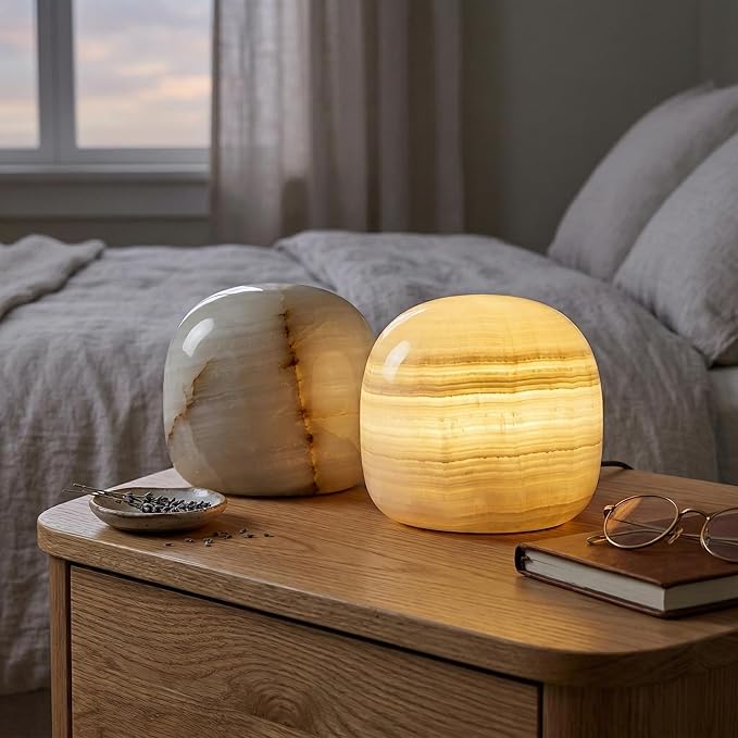 Natural Marble Lamp, Cordless Rechargeable Tap Light, 3-Way Dimmable Ambient Stone Glow Lamp, Portable Zen Decor Gift for Bedroom Desk Shelf