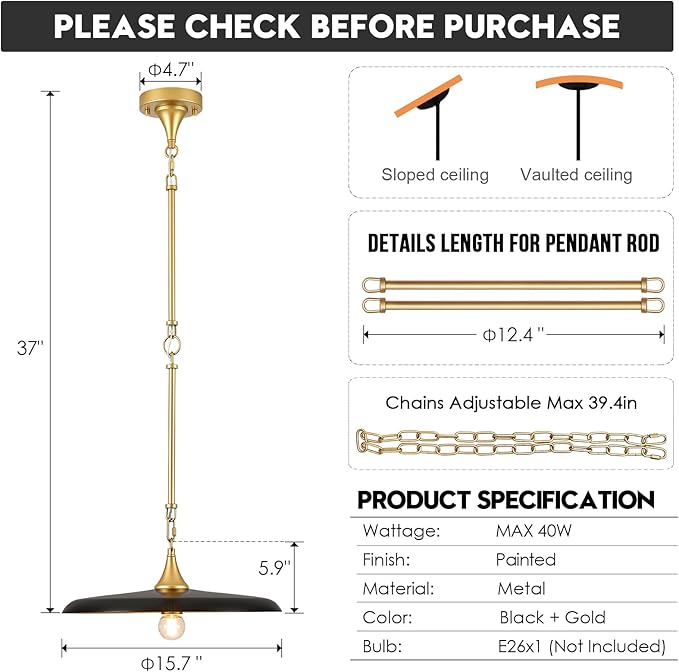 Black Pendant Light 15.7in Pendant Lights Modern Kitchen Island Pendant Light Fixture with Adjustable Black Gold Industrial Pendant Lighting for Dining Room Kitchen Sink, E26