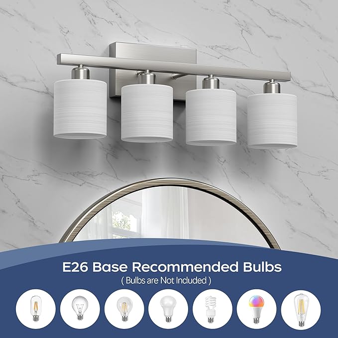 PARTPHONER Bathroom Light Fixtures, Bathroom Lighting Fixtures Over Mirror, Classic Vanity Lights, Modern Vanity Light with Textured Frosted Opal White Glass Shades, Brushed Nickel, 4-Light