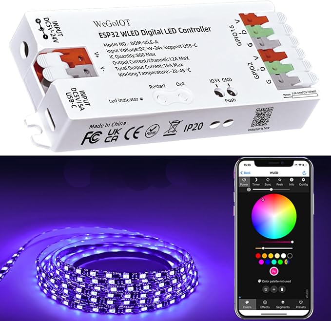 ESP32 WLED LED Strip Controller with 16A Fuse Dynamic RGB IC DIY Port WiFi App Control Easy Wiring Terminal for WS2811 WS2812B SK6812 SM16703P Programmable FCOB Addressable Strip Light