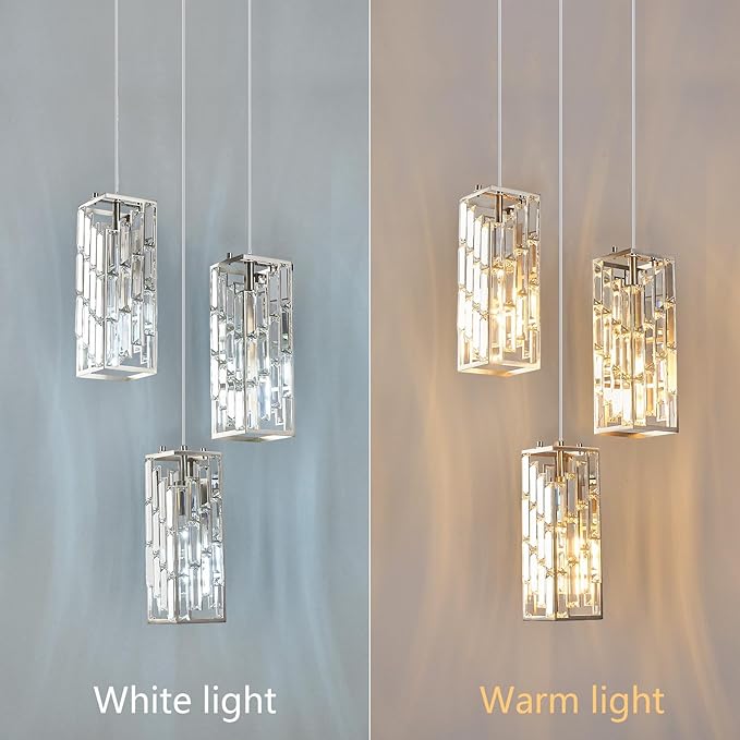 Brushed Nickel Pendant Lighting Modern Pendant Light, Mini Crystal Chandeliers,Adjustable Pendant Light Fixture for Kitchen Island Dinning Room Bedroom (3 Light)