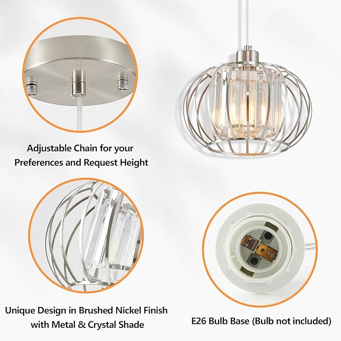 XSDeTu Brushed Nickel Pendant Light Fixtures, Modern Crystal Hanging Ceiling Light, Farmhouse Small Chandeliers, Metal Cage Pendant Lighting, Adjustable Pendant Lights Kitchen Island, Hallway