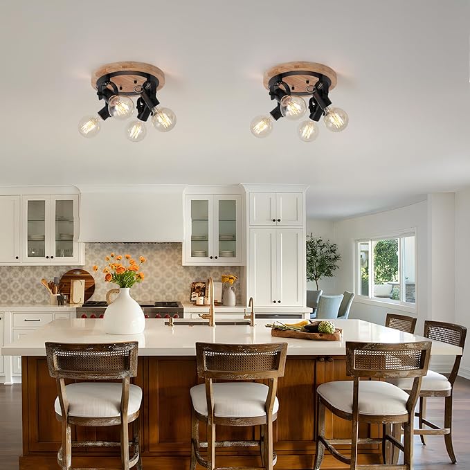 SEEBLEN 4-Light Round Flush Mount Ceiling Light，Adjustable Farmhouse Kitchen Track Light with Wood Base, Multi-Directional Dining Room Light for Island Hallway Entryway Bedroom.