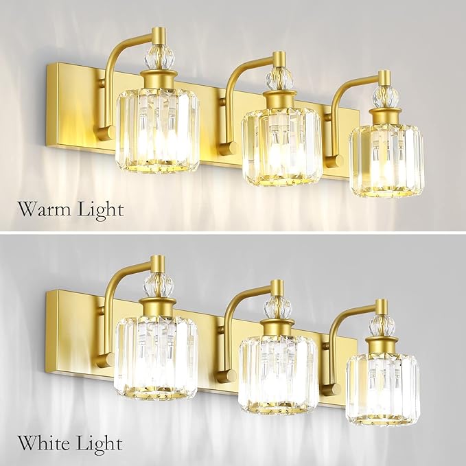 Ralbay Crystal Vanity Light 3 Light Gold Crystal Bathroom Vanity Lights Fixtures Over Mirror Modern Gold Vanity Light
