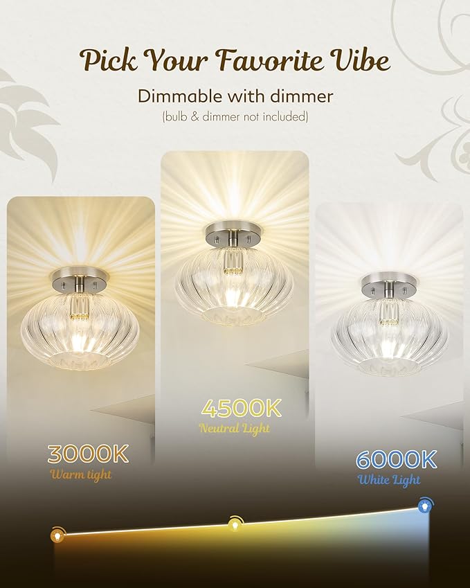 FEMILA 10.3" Brushed Nickel Ceiling Lights, Pumpkin-Shaped Glass Ceiling Light for Living Room, Bedroom, Kitchen, 4FYD85F BN