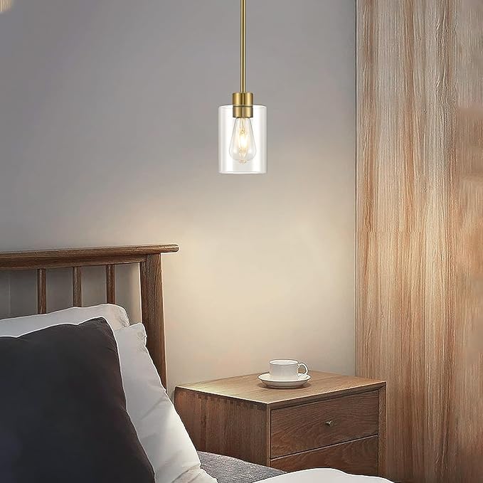 Modern Farmhouse Brass Gold Pendant Lights, Mini Hanging Light Fixture with Clear Glass Shade, Adjustable Rods for Kitchen Island, Sink, Bar (1 Pack)
