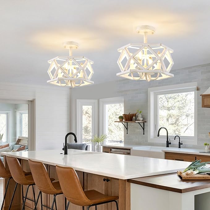 Antique White Semi Flush Mount Ceiling Light, Modern Foyer Lighting Fixture, 4-Light Metal Ceiling Lamp, Small Farmhouse Chandelier for Hallway Entryway Porch Bedroom Kitchen