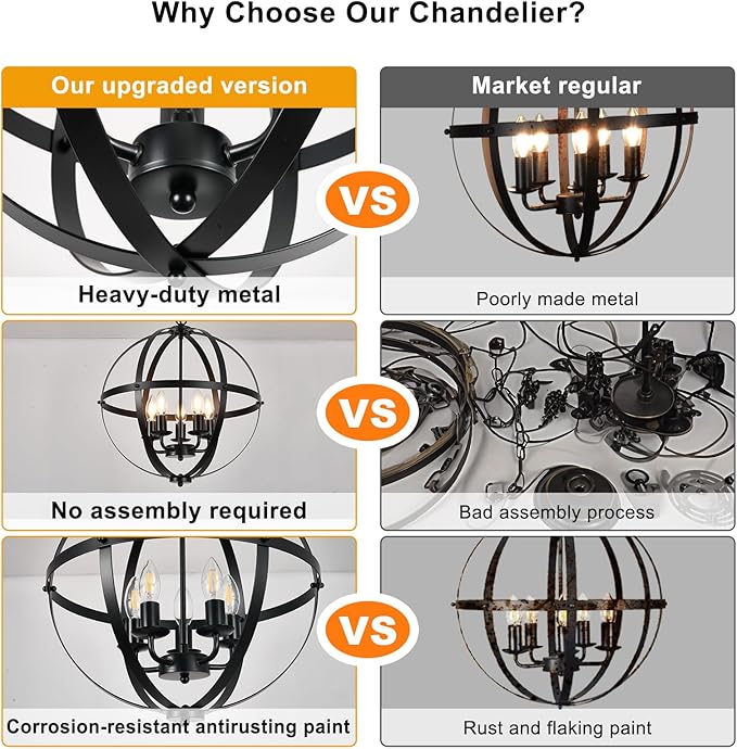DLLT Pendant Light Metal, 5-Light Globe Pendant Lighting, Adjustable Hanging Ceiling Chandelier Light Flush Mount for Kitchen, Dining Room, Living Room, Hallway, Bedroom, Entryway, E12-Matte Black