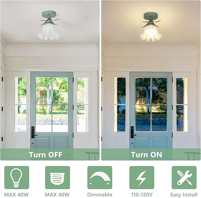 Flower Semi Flush Mount Ceiling Light Fixture, Vintage Lily-Of-The-Valley Bathroom Light Fixtures Ceiling Mount, Small Hallway Ceiling Light For Kitchen Sink Closet Laundry Bedroom (Bulb Included)