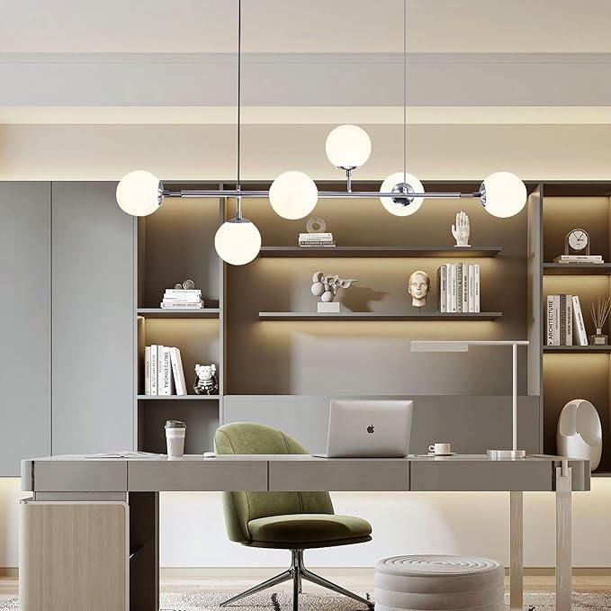 BOKT Modern 6-Light Ceiling Pendant Lighting Mid-Century Large Globes Sputnik Chandelier Brushed Nickel Milk Glass Globe Linear Pendant Light Dining Room Flush Mount Ceiling Lamp