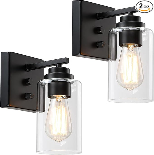 Pia Ricco Wall Sconces Set of Two, Bedside Wall Lamps with Rotary Switch for Bedroom, Modern Bathroom Light Fixtures with Clear Glass Shade, Black Sconces Wall Lights for Living Room, Hallway, Kitchen