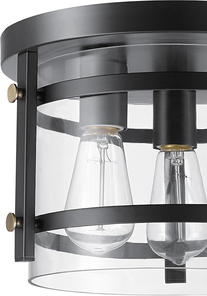Globe Electric 60417 3-Light Flush Mount Ceiling Fixture, Dark Bronze Finish, Brass Detail, Clear Glass Shade, Modern Lighting for Kitchen, Bedroom, or Dining Room, Rustic, E26 Base