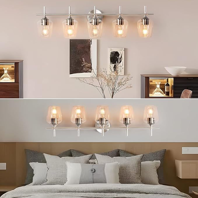 Bathroom Light Fixtures 5-Light Brushed Nickel Vanity Light with Clear Glass Shade, Modern Wall Lights for Bedroom Hallway Living Room (Nickel, 5-Light)