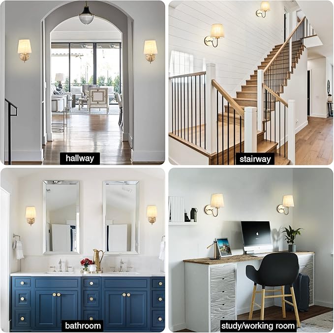 LASENCHOO Gold Wall Sconces Set of Two, Modern Sconces Wall Lighting Vintage Wall Light Fixtures with Fabric Lampshade, Bedside Wall Lamps for Bedroom Living Room Hallway Entryway
