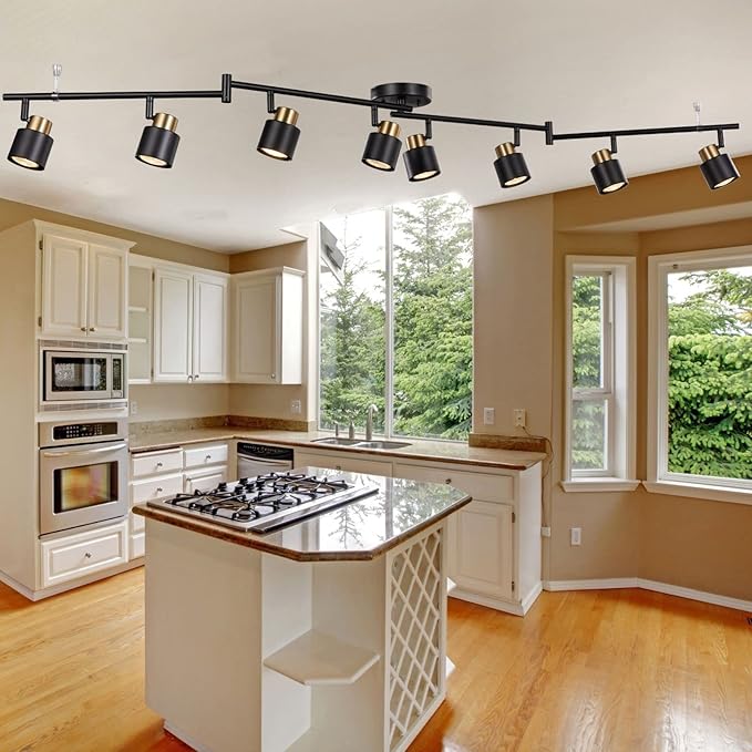 8 Light Foldable Track Lighting Kit, Matt Black Brass Finish Adjustable with Moden Flush Mount Ceiling Spotlight for Kitchen,Dining,Living Room,Home Improvement