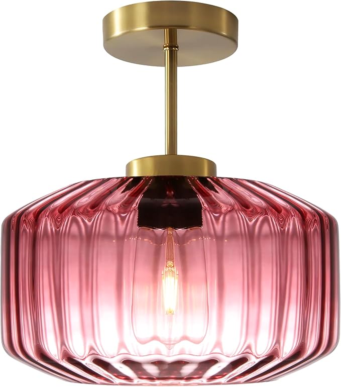 Art Deco Purple Ceiling Light Glass Semi-Flush Mount with Gold Finish, Bedroom Light Fixtures for Bathroom Living Room Entryway Closet Light