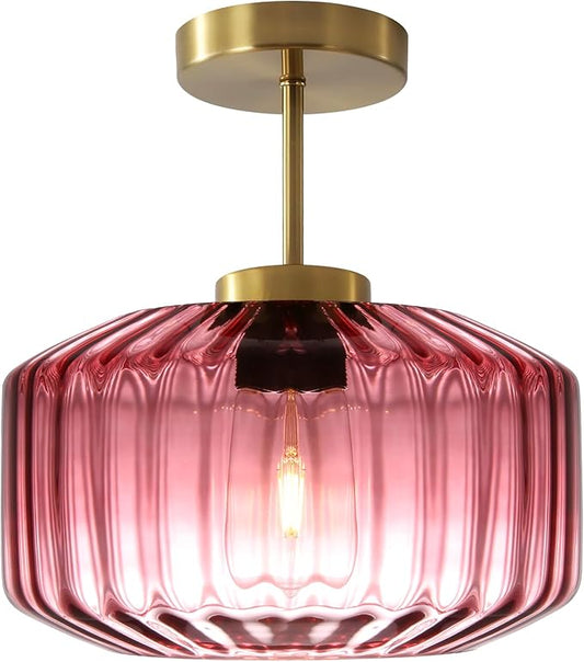 Art Deco Purple Ceiling Light Glass Semi-Flush Mount with Gold Finish, Bedroom Light Fixtures for Bathroom Living Room Entryway Closet Light