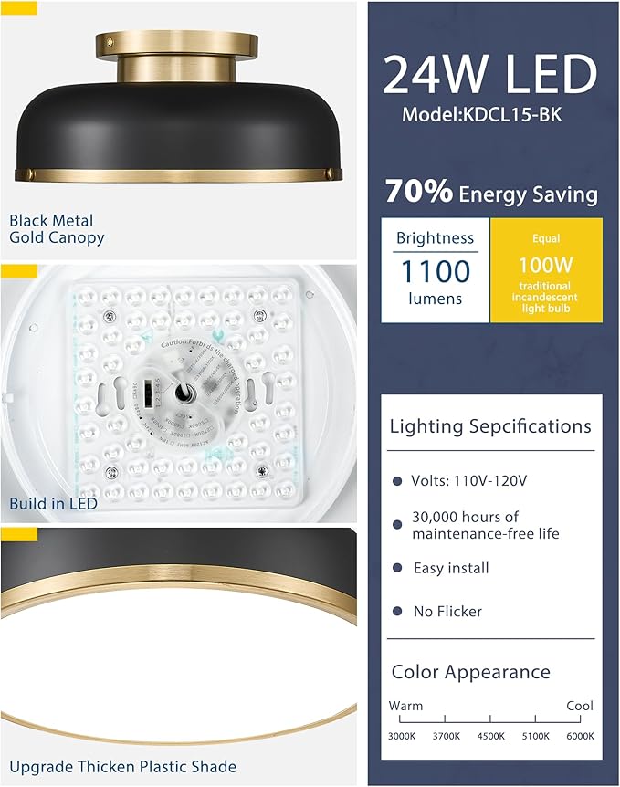 Kudos Ceiling Light, 12-inch LED Flush Mount Ceiling Light, Black and Gold Finish, 24W/1100lm Light Fixtures ceiling mount for Living Room, Bedroom, 3000K/3700K/4500K/5100K/6000K Adjustbale, KDCL15-BK