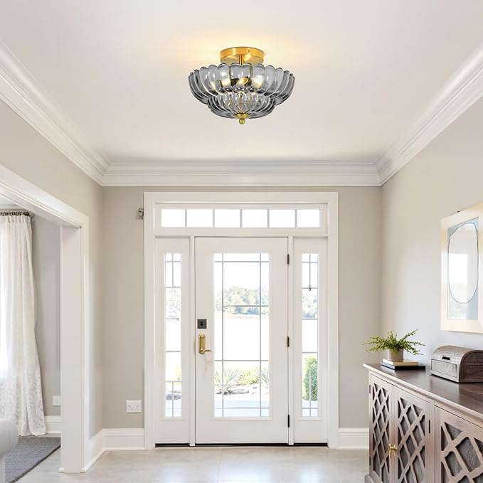 11.8 inch Kitchen Ceiling Light, 3-Light Semi Flush Mount Ceiling Lamp with Flower Glass, Modern Close to Ceiling Light Fixtures for Bathroom Bedroom Hallway Entryway, Smoky Grey