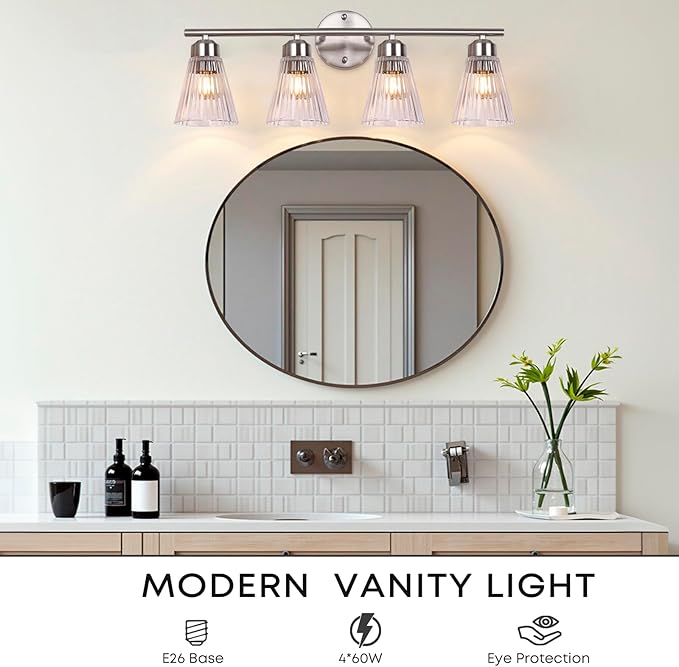 4-Light Bathroom Vanity Light, Brushed Nickel Bathroom Light Fixtures Over Mirror with Stripe Glass, Modern Wall Lamp, Wall Sconces Lighting for Living Room Bedroom Kitchen Hallway