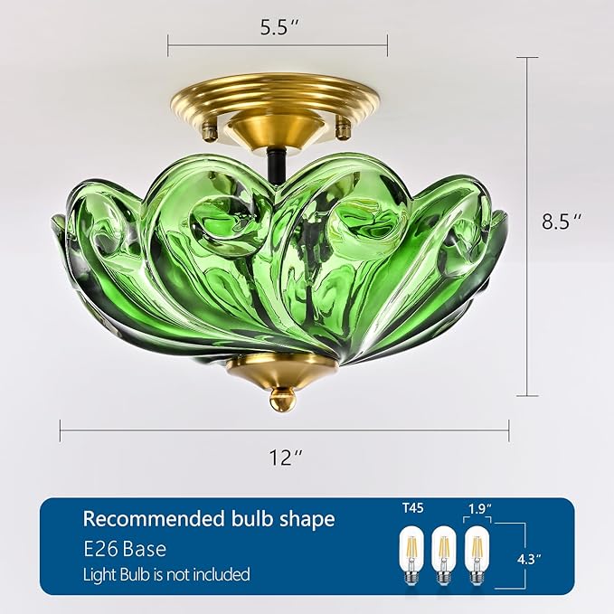 HuixuTe Modern Semi Flush Mount Ceiling Light, 3-Light Gold Close to Ceiling Light Fixture with Green Glass Shade for Living Room Entryway Bedroom