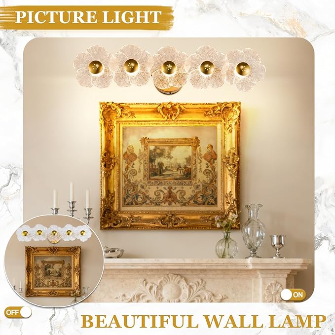 26.7" Gold Bathroom Light Fixtures 5 Light Floral Vanity Lights, 3-Color Dimmable Bathroom Vanity Light Elegant Led Wall Lights Cordless Wall Sconces for Decor,Bathroom,Livingroom