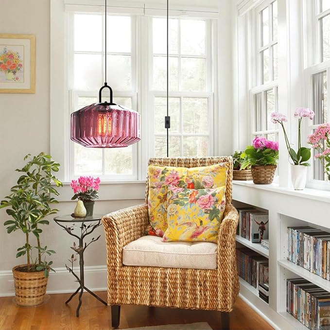 Hanging Pendant Light Plug in Vintage Plug in Hanging Light Fixture with 14.7 ft Cord Purple Striped Glass Shade Pendant Light Plug in Glass for Dining Room Farmhouse Kitchen Island