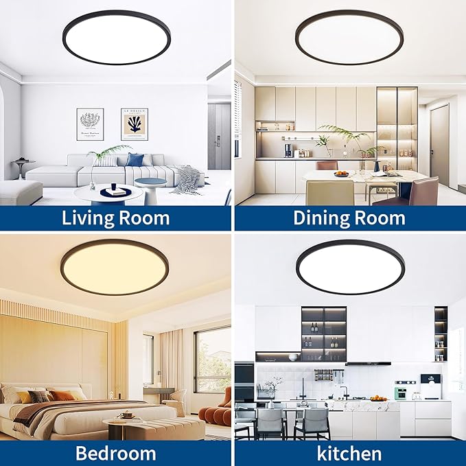24 Inch Flush Mount Ceiling Light, Dimmable 3000K/4500K/6000K Selectable, 48W 4800LM, Modern, Ultra Thin, Black, for Bedroom, Kitchen, Dining Room, Living Room, Home Office, Hallway