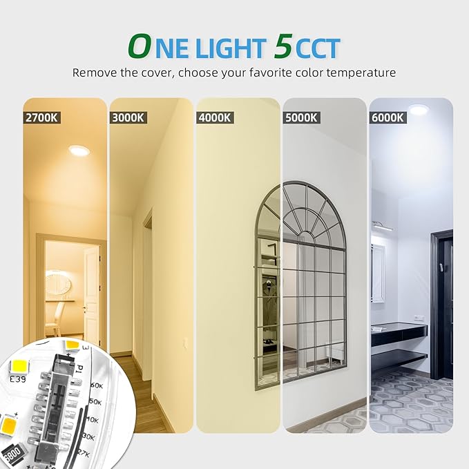 ECOELER 5CCT Selectable LED Flush Mount Ceiling Light, 6 Inch Dimmable Disc Lights, 16.5W 1100LM, Low Profile Surface Mount Ceiling Lights for Kitchen, Garage, Laundry, ETL&FCC, 6 Pack