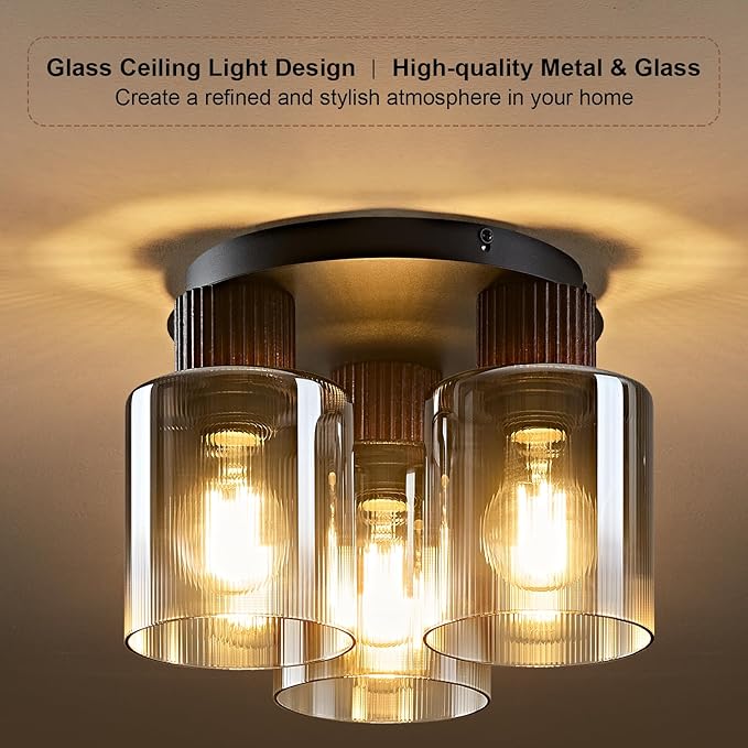 3-Lights Semi Flush Mount Ceiling Light Fixture, Matte Black Modern Close to Ceiling Light for Kitchen, Foyer, Entryway, Hallway, Dining Room, Gray Gradient Glass Shade with Walnut Wood