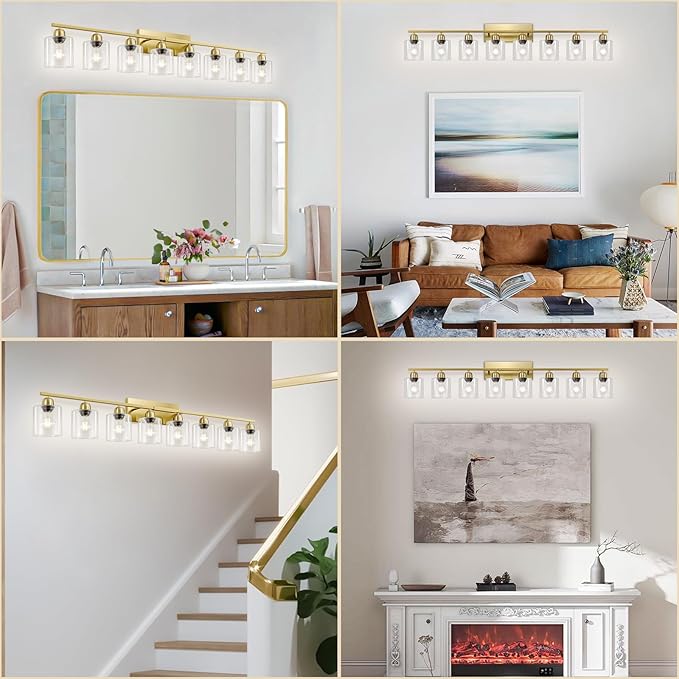 Modern Brushed Gold 8 Light Bathroom Light Fixtures, 52 inch Vanity Lights for Bathroom with Clear Glass, Bathroom Light Fixture for Mirror Kitchen Living Room Hallway Cabinet Porch
