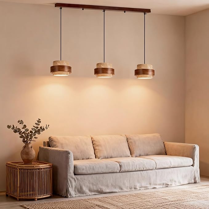 Wabi Sabi Pendant Light - Japandi Nordic Fixture Lamp, Natural Wood & Stone Concrete Chandelier for Japanese Bedroom, Kitchen Island & Dining Room (Yellow Travertine 3-Head)