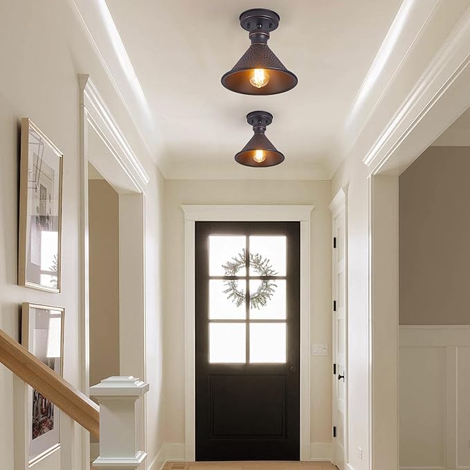 Tarentlight 9.2" Industrial Semi Flush Mount Ceiling Light,Vintage Hammered Pattern Cast Aluminum Shade,1-Light E26 Classic Lamp,Oil Rubbed Bronze Farmhouse Lighting for Hallway Kitchen Entryway.