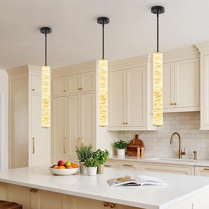 LMQNINE Natural Alabaster Pendant Lights White Marble 24" Long Tube Adjustable Boom Chandelier Modern 3000K Black Ceiling Light for Kitchen Island Bedroom Dining Room Living Room Hallway(M-2Pack)