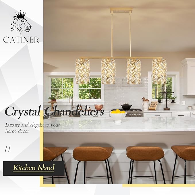 CATINER Gold Crystal Kitchen Island Lighting 40" Modern Linear Chandelier 4 Lights Ceiling Pendant Light Fixture Luxury for Kitchen Dining Room Living Room