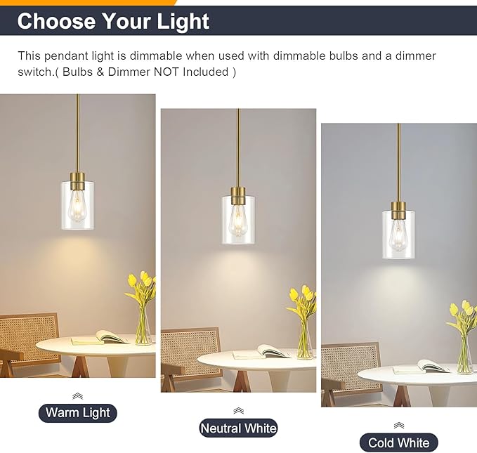 Modern Farmhouse Brass Gold Pendant Lights, Mini Hanging Light Fixture with Clear Glass Shade, Adjustable Rods for Kitchen Island, Sink, Bar (1 Pack)