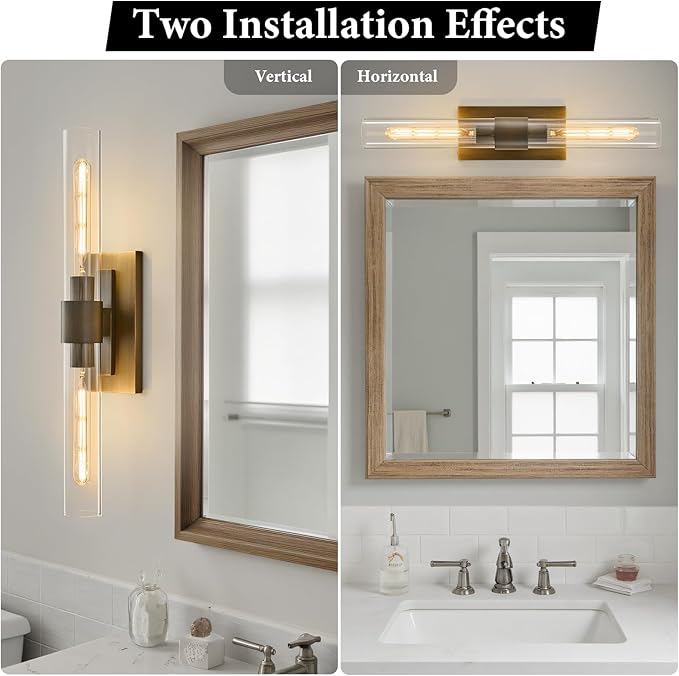 Linear Brass Bathroom Wall Sconce - Luxury Antique Brushed Gold Sconces Set of 2 - Dimmable Vanity Lights Fixture with Clear Glass Tube - Modern Lighting for Bedroom Living Room Hallway Indoor Decor