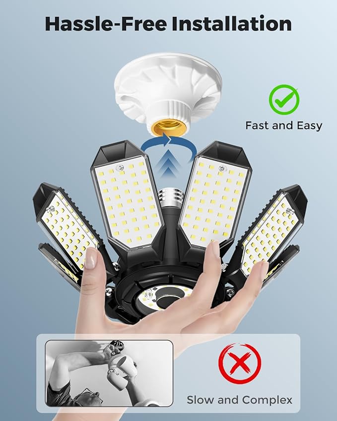 Adiding LED Garage Ceiling Lights 2 Pack w/ 8+1 Adjustable Panel, Super Bright 28000LM Deformable Basement Light Bulb Fixture Screw in E26 Socket Base for Indoor Workshop Attic Gym Bay Laundry Utility