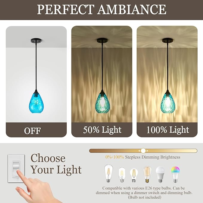 Glass Pendant Lights Kitchen Island, 1-Light Modern Black Pendant Light Fixtures with Blue Hammered Glass and Rods, Small Hanging Light for Kitchen Sink Dining Room Bathroom