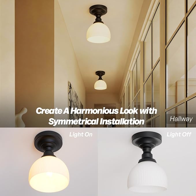 Modern Schoolhouse Semi Flush Mount Ceiling Light,Black Close to Ceiling Light Fixtures with Hand-Blown Glass Hallway Light Fixtures for Laundry Entryway Kitchen Bathroom Bedroom E26 Base