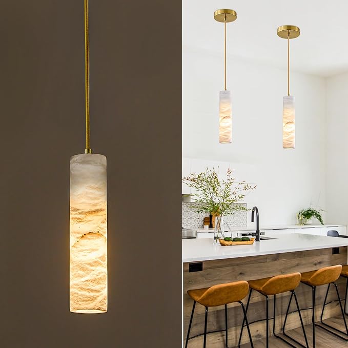Natural Alabaster Pendant Light Fixture, Modern Marble Kitchen Island Lamp, 9.8" x 2.4" Long Tube Alabaster Chandelier, Small Pendant Light for Bedroom, Dining Room, Living Room (E12 Bulb - 1 Pack)