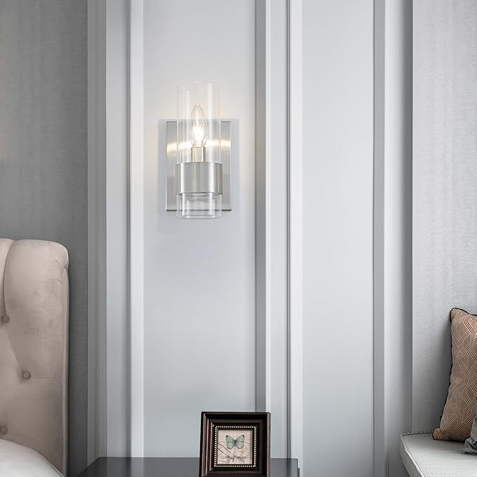 WUZUPS Set of 2 1-Light Bathroom Wall Light Fixture Over Mirror Flat Class Shade Morden Vanity Scones for Bathroom Bedroom Living Room, E12 Base, Brushed Nickel