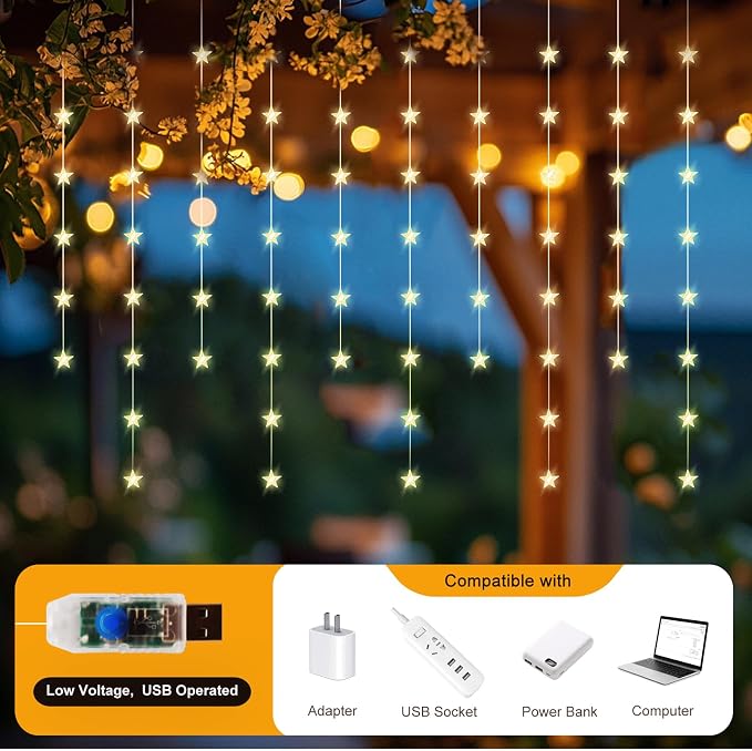 Star Curtain Lights, Warm White Window Lights 70 Stars Hanging Light with Remote Fairy Led Twinkle String Lights Home Bedroom Wall Ceiling Décor for Christmas, Wedding, Party, Birthday