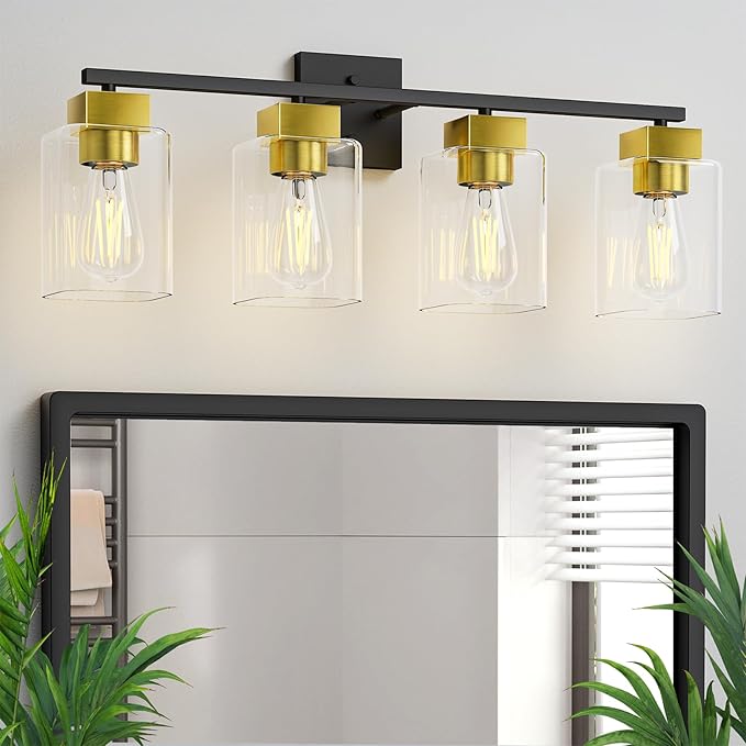 Espird 4 Light Bathroom Vanity Light - Black and Brushed Gold Bathroom Light Fixtures UL Certification, Square Light Fixture Over Mirror, Farmhouse Light Fixtures for Bathroom & Bedroom