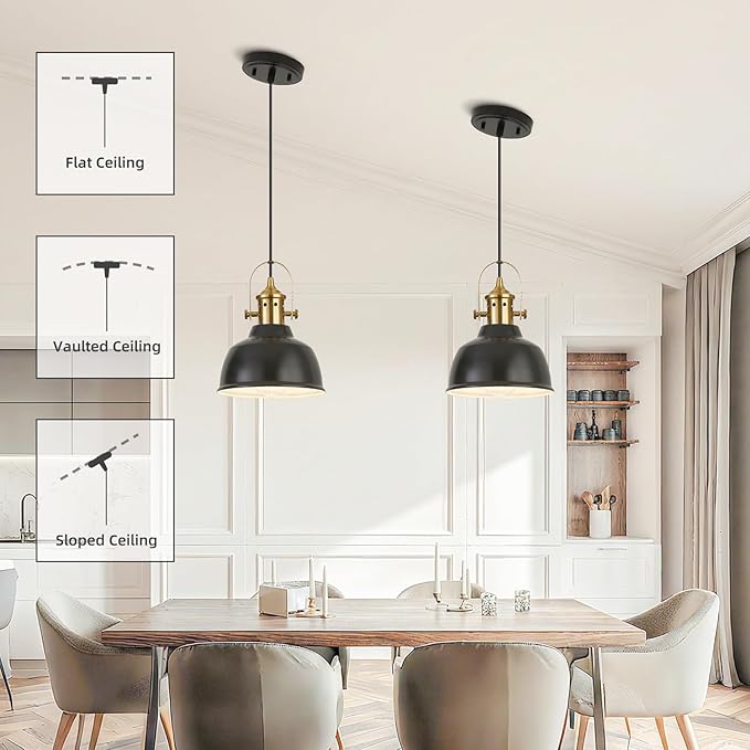 Farmhouse Small Pendant Lights, Black Pendant Lighting for Kitchen Island, lndustrial Adjustable Height Hanging Light for Barn, Dining Room, 3 Pack