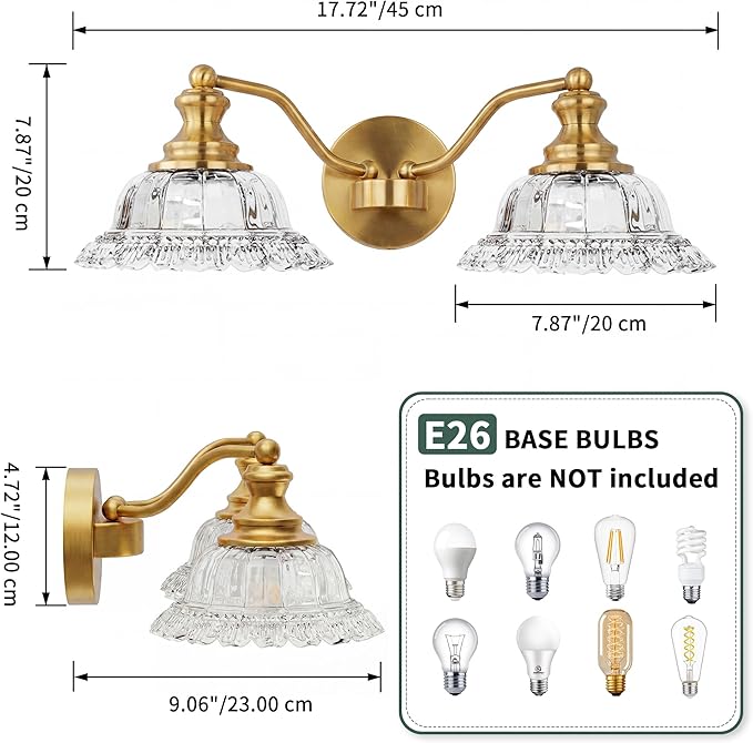 Espird 2 Lights Bathroom Vanity Light Fixtures, Vintage Brass Vanity Lights for Bathroom, Farmhouse Antique Light Fixtures Over Mirror with Crystal Glass Shade