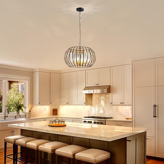 Black Gold Crystal Chandeliers 17.7" Modern 4-Light Cage Pendant Lighting Fixture Adjustable Farmhouse Round Chandeliers for Dining Room Bedroom Kitchen Island Hallway Foyer