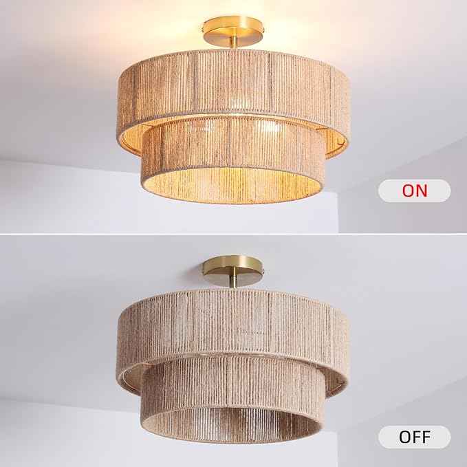 18" Boho Semi Flush Mount Ceiling Light Gold Rattan Ceiling Light Farmhouse Ceiling Lamp with Natural Hemp Rope Lampshade for Dining Room Living Room Bedroom Kitchen