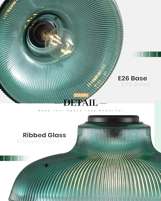 Green Glass Pendant Lights Kitchen Island, 12in, Ribbed Glass Kitchen Pendant Lights Fixture, Farmhouse Pendant Lighting for Dining Room Bedroom Bar Sink, 2 Pack
